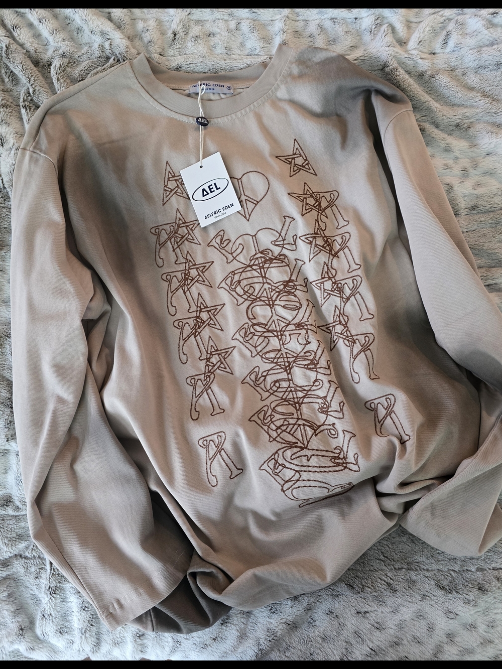 Aelfric Eden Beige Tee with Brown Graphic Embroidery